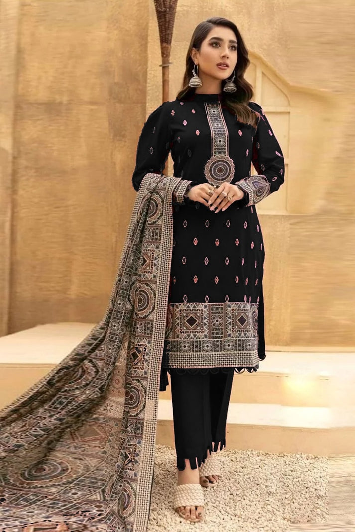 3PC DANAK EMBROIDERED SHIRT PLAIN TROUSER (DAMAN AND SLEEVES PATCHES) DANAK EMBORIDED SHAWL D-1022