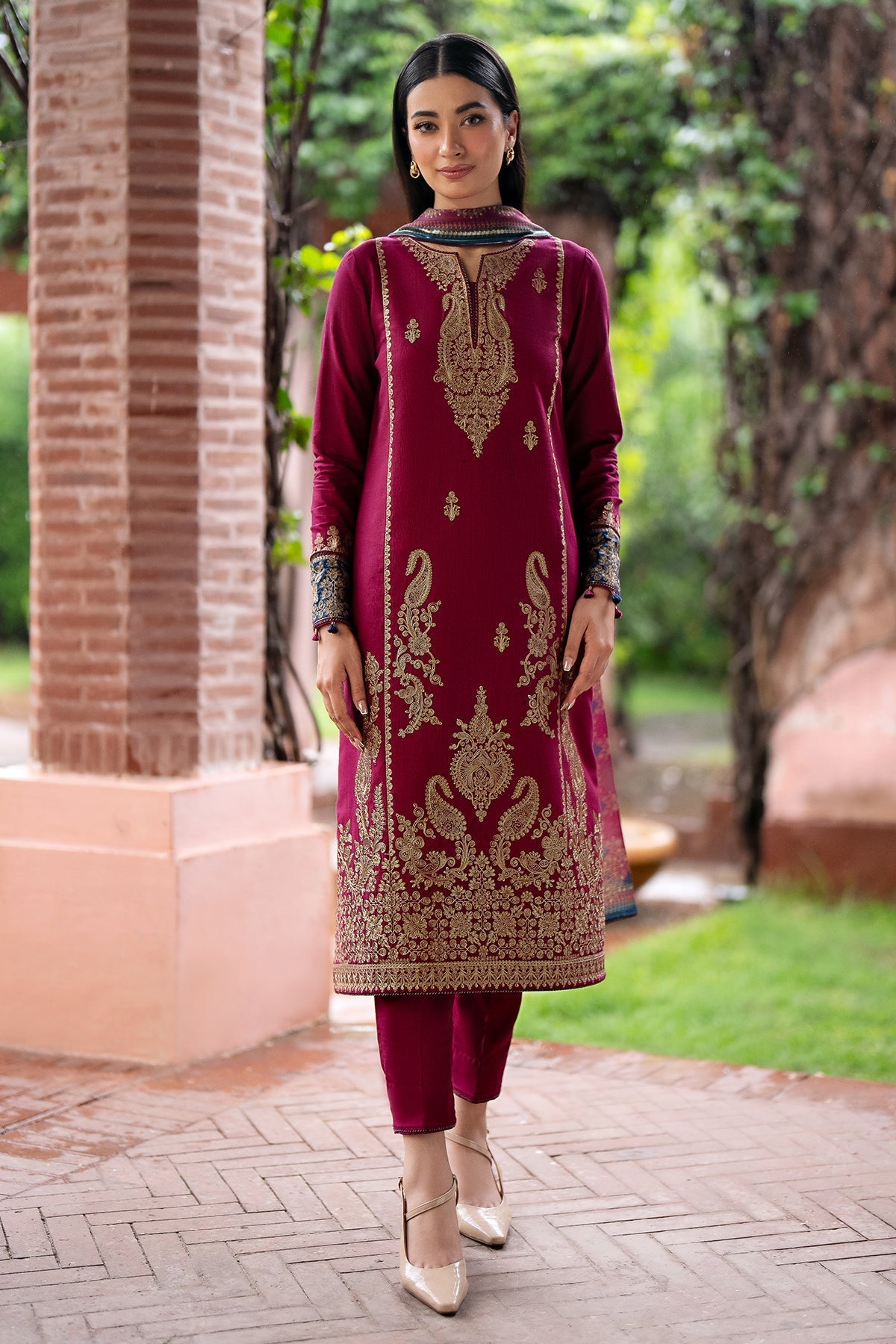 3PC DANAK DRESS EMBORIDED SHIRT PRINTED WOOL SHAWAL AND PLAIN TROUSER 736-AL