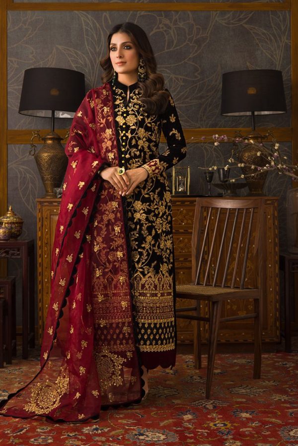 3PC VELVET EMBORIDED SHIRT ORGANZA EMBORIDED DUPATA SILK TROUSER-760-IN