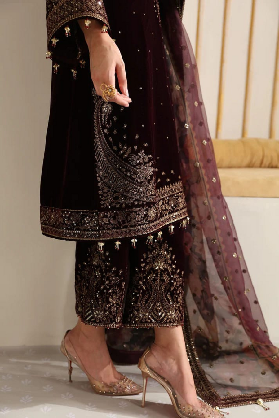 3PC VELVET SHIRT EMBORIDED VELVET TROUSER ORGANZA EMBORIDED DUPATA 737-Al