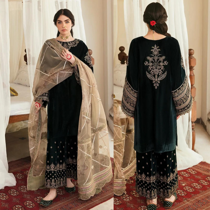 3PC VELVET EMBORIDED SHIRT AND TROUSER EMBORIDED ORGANZA DUPATA 1210-AL