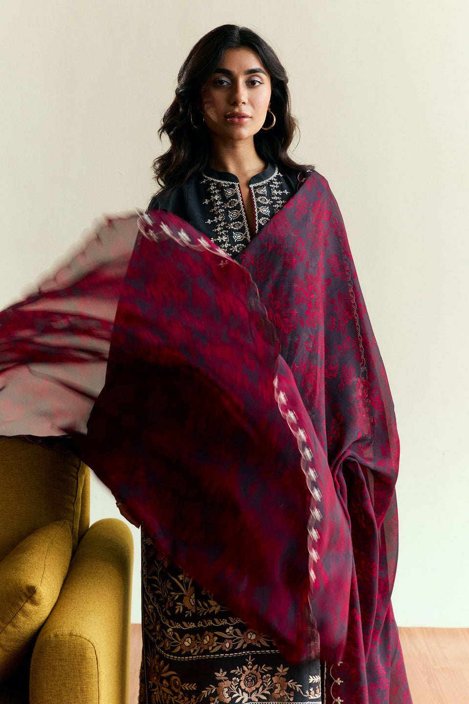 3PC DANAK EMBROIDERED SHIRT PLAIN TROUSER (DAMAN- PATCHES) PRINTED WOOLEN SHAWL D-1076