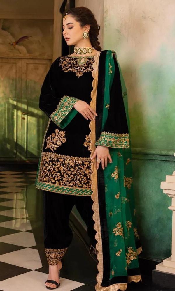 3PC VELVET EMBORIDED SHIRT AND TROUSER EMBORIDED ORGANZA DUPATA 1211-AL