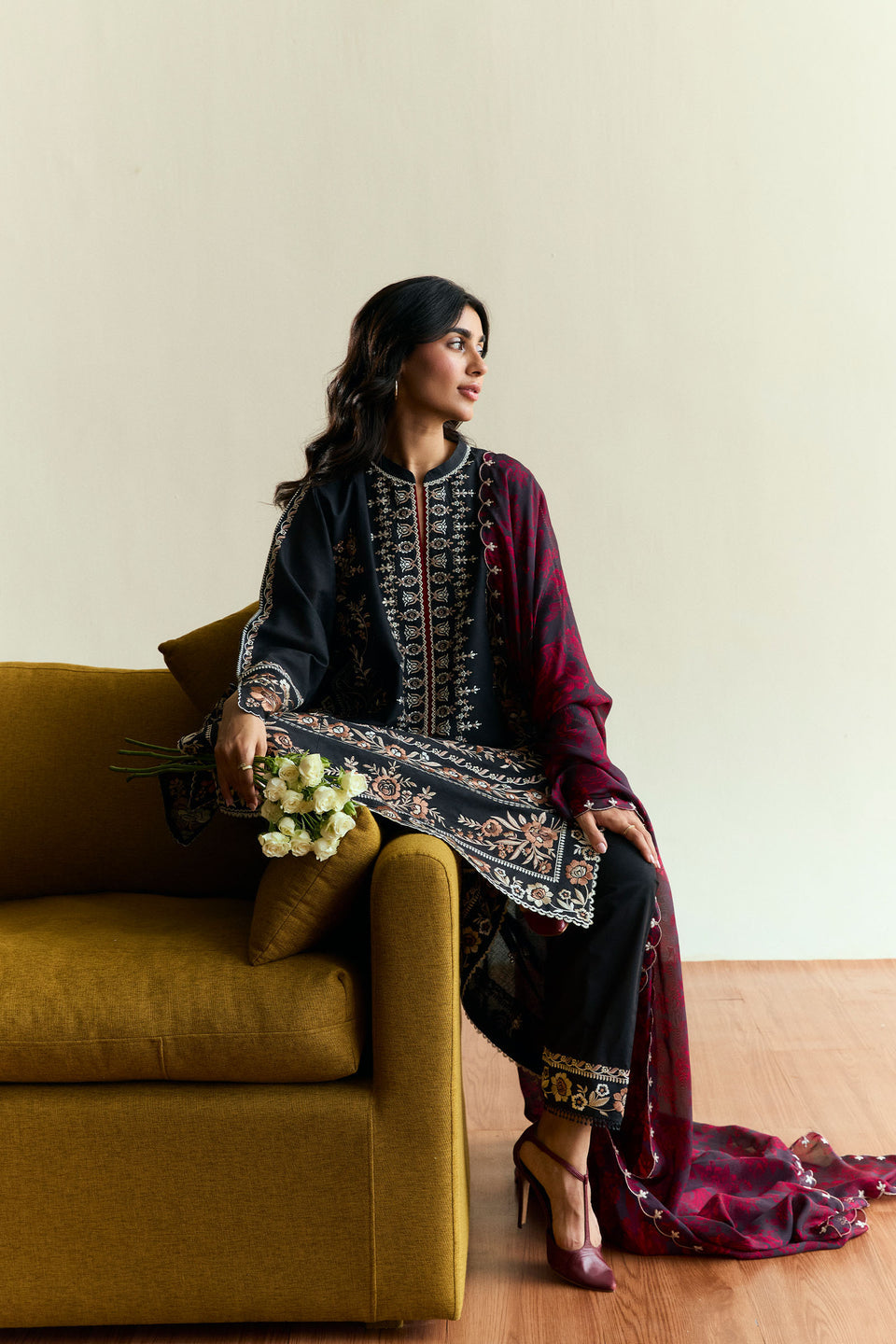 3PC DANAK EMBROIDERED SHIRT PLAIN TROUSER (DAMAN- PATCHES) PRINTED WOOLEN SHAWL D-1076