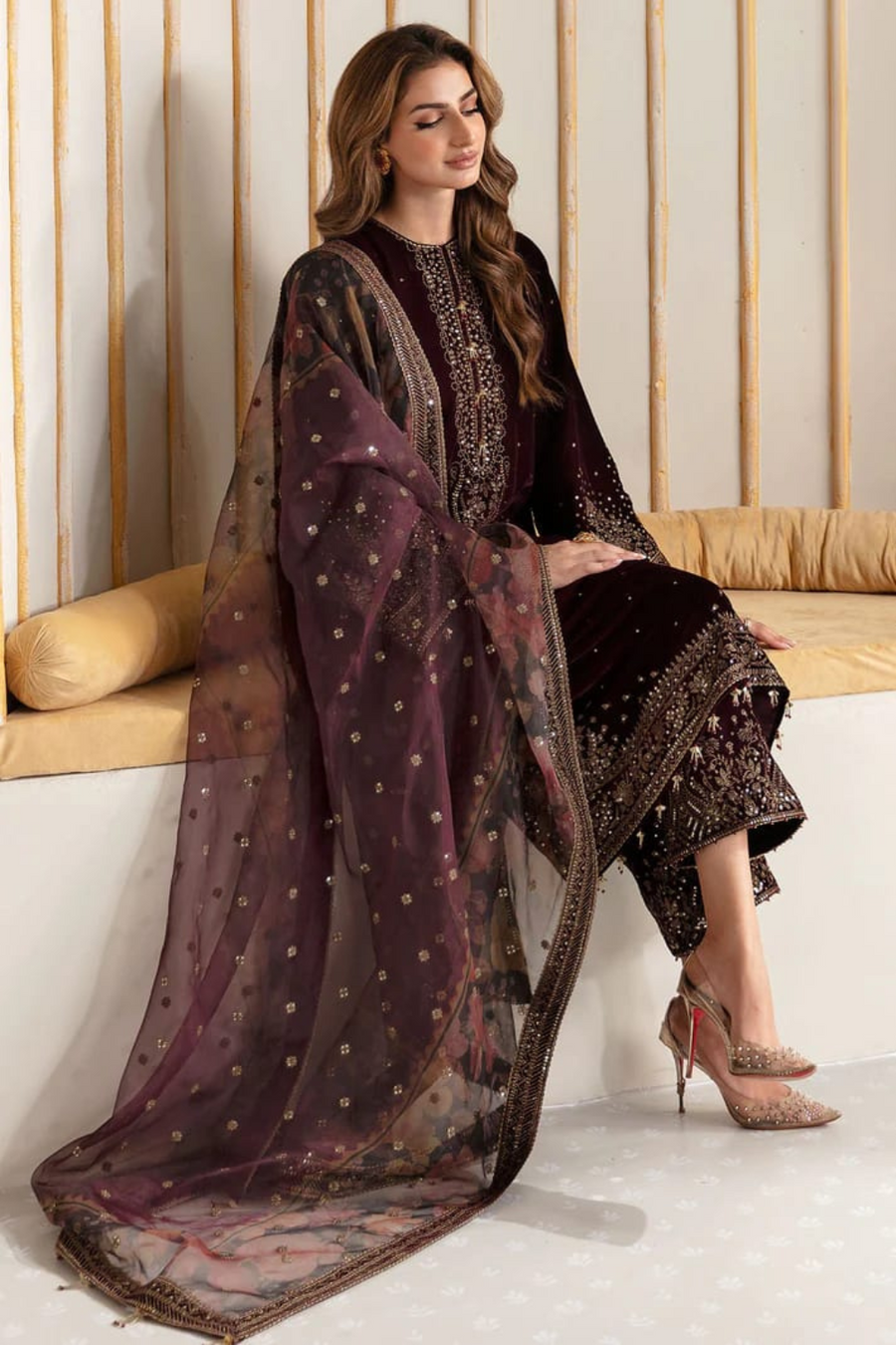 3PC VELVET SHIRT EMBORIDED VELVET TROUSER ORGANZA EMBORIDED DUPATA 737-Al
