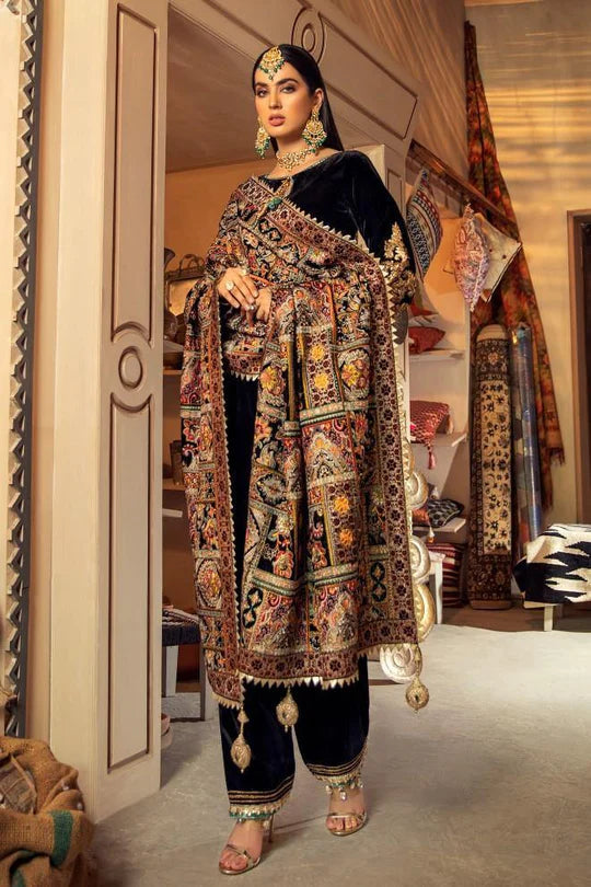 3PC VELVET SHIRT SLEEVES- DANAK EMBORIDED SHAWL -PLAIN VELVET TROUSER-763-
