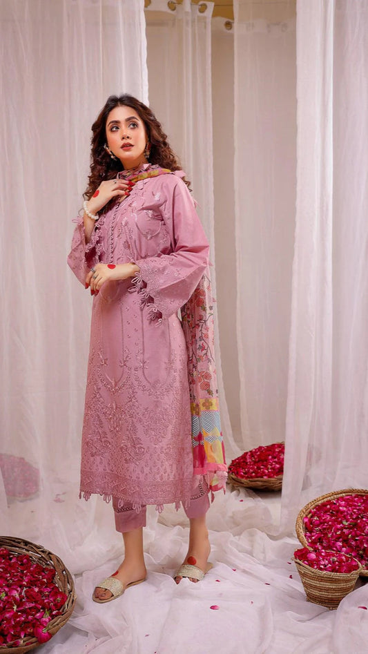 Lawn 3PC UNSTITCHED LAWN EMBROIDERY SHIRT PLAIN TROUSER PRINTED DUPATA D-1162