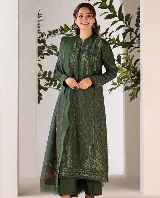 3PC DANAK EMBROIDERED SHIRT PLAIN TROUSER (DAMAN AND WOOLEN PRINTED  SHAWL D-1023