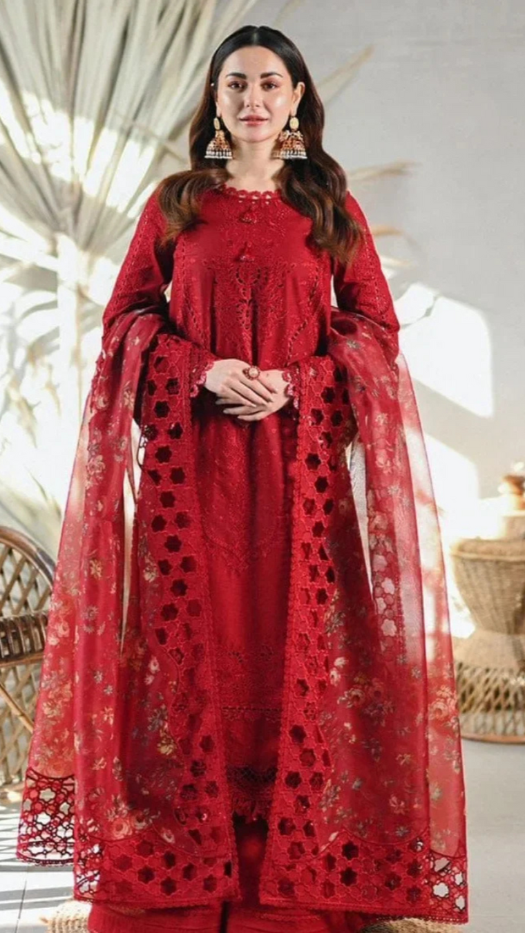 LAWN 3PC CHIKENKARI EMBROIDERED SHIRT PLAIN TROUSER (D-PATCH ) ORGANZA CUTTWORK HEAVY PALU DUPATA  D-506