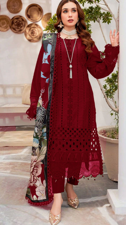EMBROIDERED 3PC CHICKAN LAWN DRESS WITH PRINTED MUNAR DUPATTA D-1159.