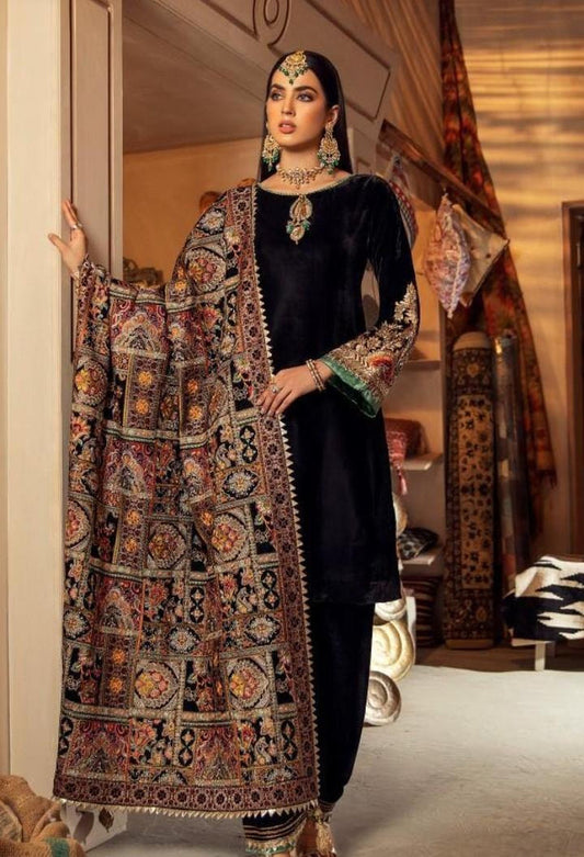 3PC VELVET SHIRT SLEEVES-  DANAK EMBORIDED SHAWL -PLAIN VELVET TROUSER-763-