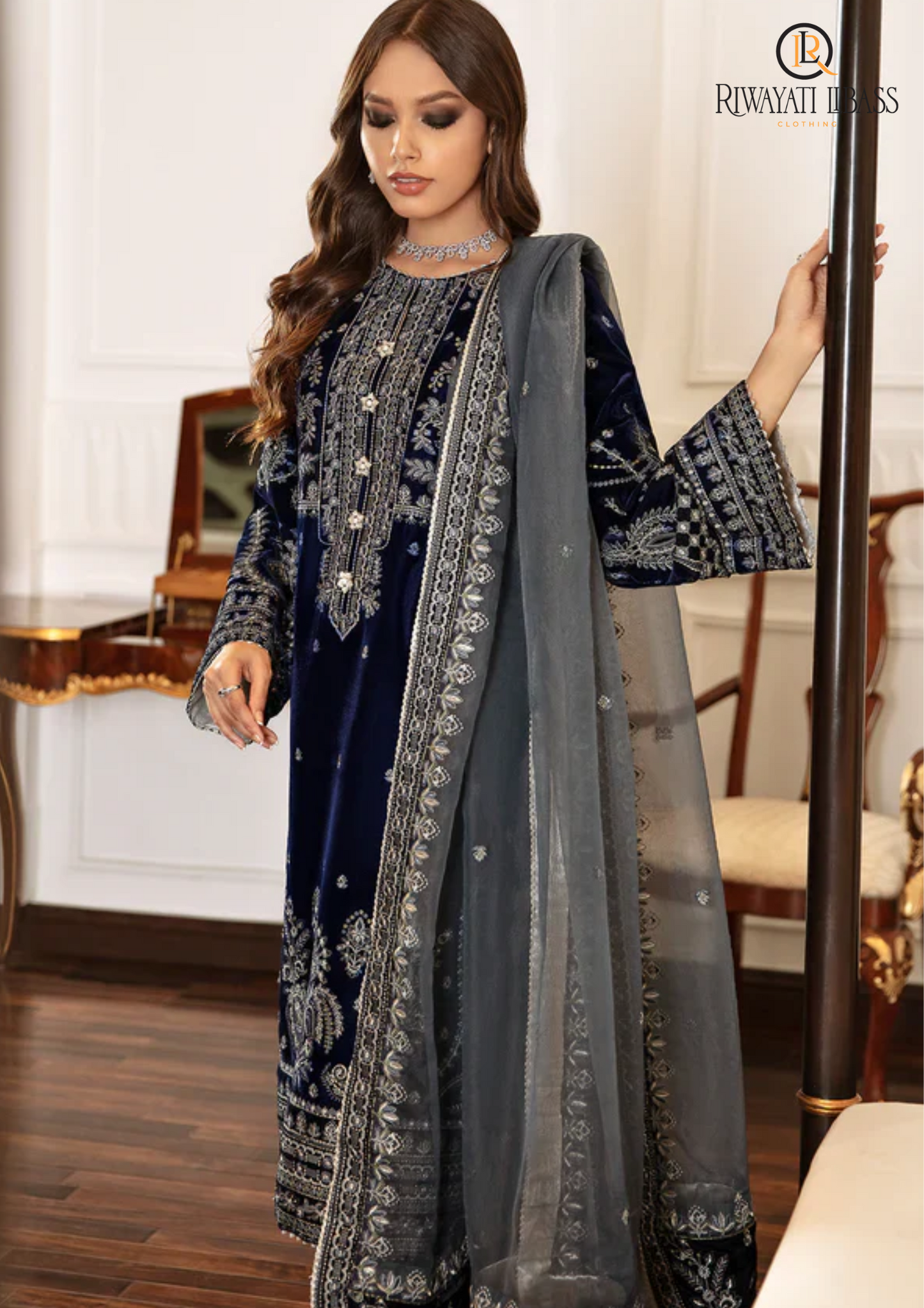 3PC VELVET EMBORIDED SHIRT AND TROUSER  EMBORIDED ORGANZA DUPATA PALU EMBORIDED 6251-AL