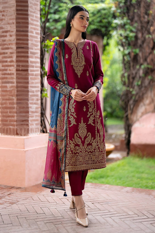 3PC DANAK DRESS EMBORIDED SHIRT PRINTED WOOL SHAWAL AND PLAIN TROUSER 736-AL