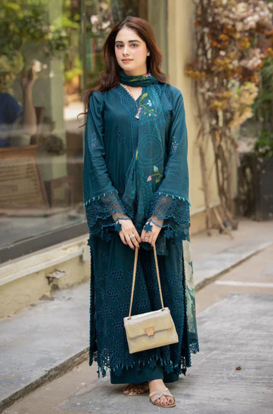 3PC DANAK CHIKENKARI  EMBROIDERED SHIRT PLAIN TROUSER (DAMAN-PATCH) PRINTED WOOLEN SHAWL D-2004