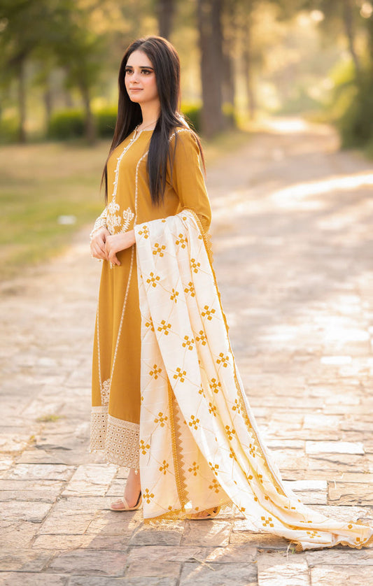 3PC DANAK EMBORIDED SHIRT (DAMAN-PATCH) DANAK EMBORIDED SHAWL PLAIN TROUSER 083-AL