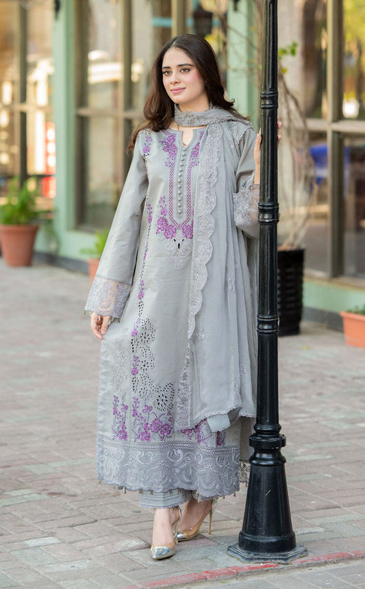 3PC DANAK CHIKENKARI EMBROIDERED SHIRT PLAIN TROUSER (DAMAN-PATCH) DANAK EMBORIDED SHAWL D- 2014