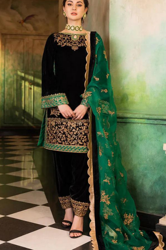 3PC VELVET EMBORIDED SHIRT AND TROUSER EMBORIDED ORGANZA DUPATA 1211-AL
