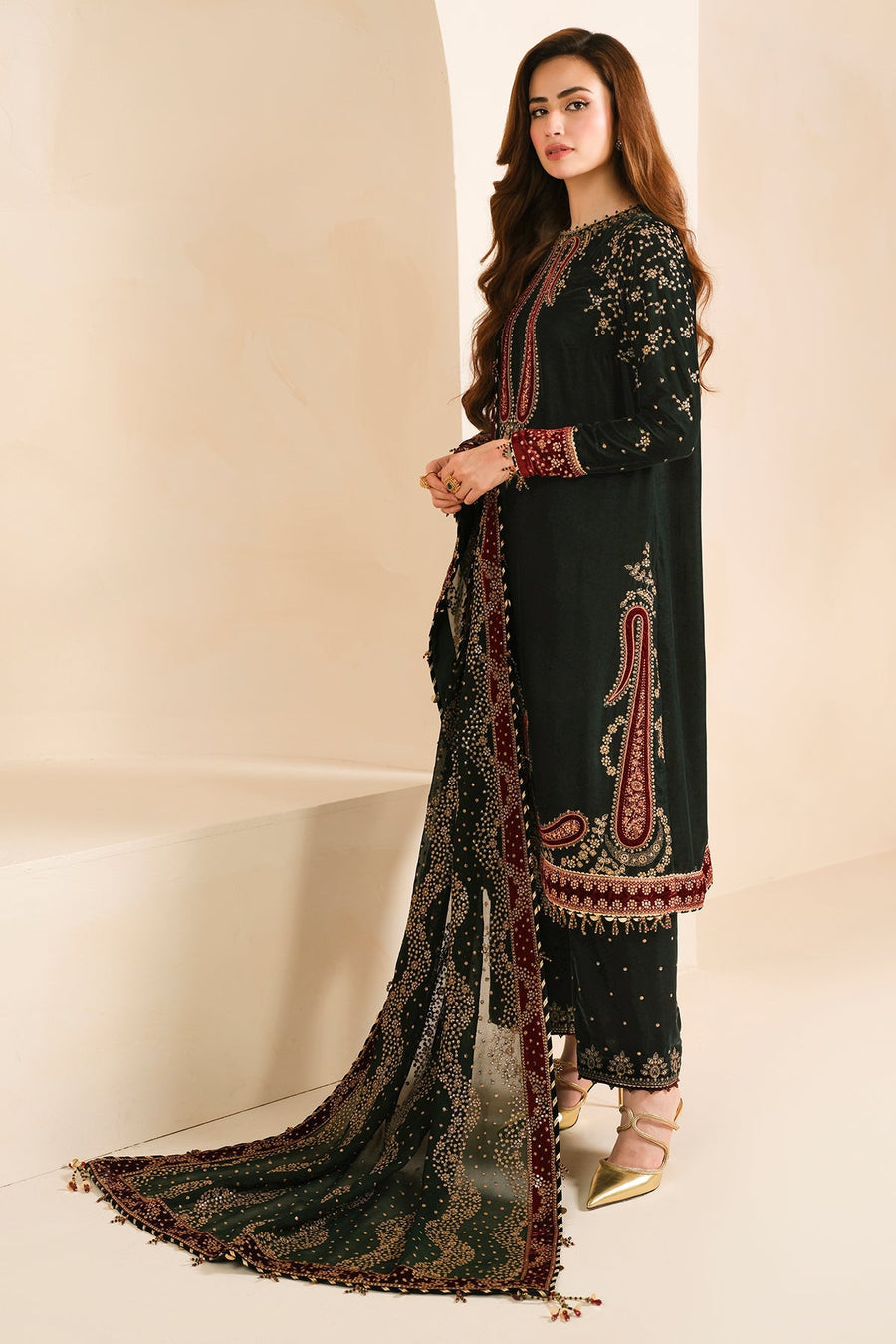 3PC VELVET SHIRT EMBORIDED VELVET TROUSER ORGANZA EMBORIDED DUPATA 786-AL