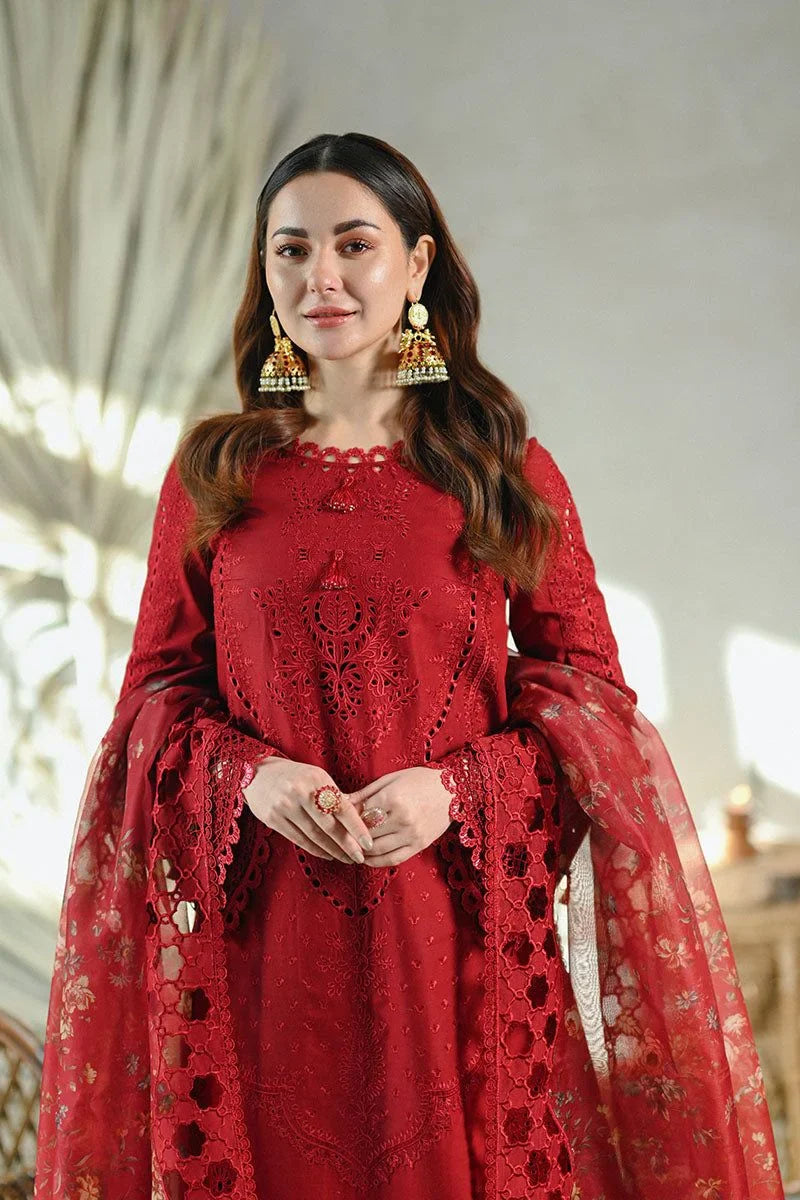 LAWN 3PC CHIKENKARI EMBROIDERED SHIRT PLAIN TROUSER (D-PATCH ) ORGANZA CUTTWORK HEAVY PALU DUPATA  D-506