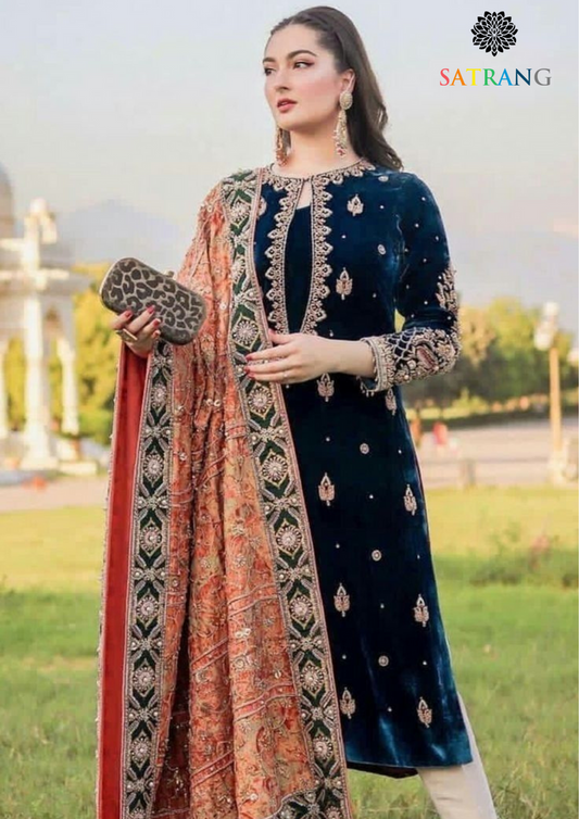 3PC VELVET EMBORIDED SHIRT AND TROUSER PRINTED EMBORIDED FENCE DUPATA 1266-AL