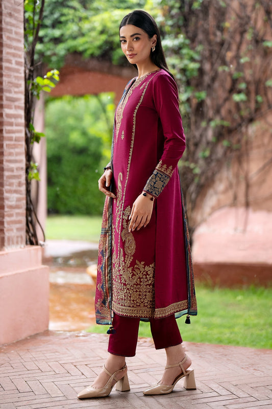 3PC DANAK DRESS EMBORIDED SHIRT PRINTED WOOL SHAWAL AND PLAIN TROUSER 736-AL