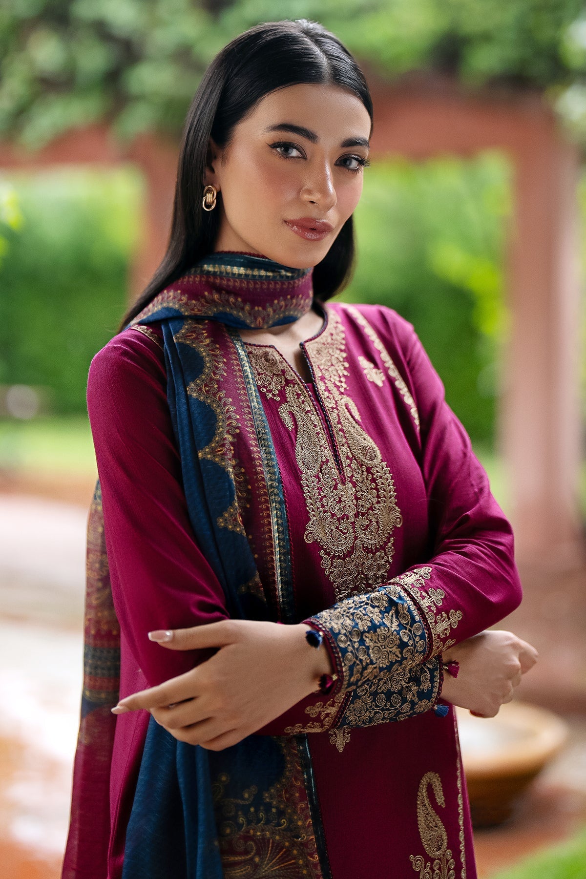 3PC DANAK DRESS EMBORIDED SHIRT PRINTED WOOL SHAWAL AND PLAIN TROUSER 736-AL