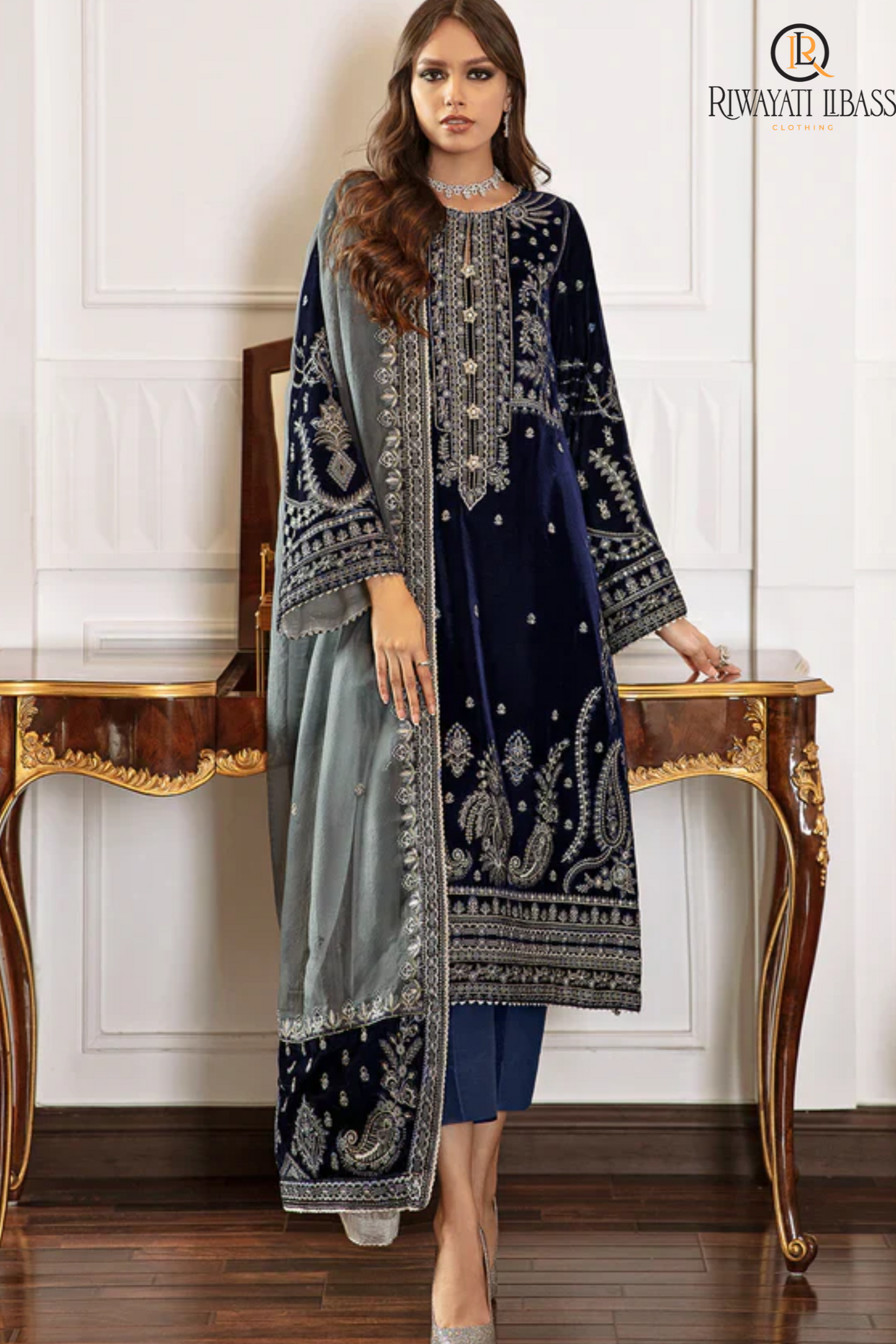 3PC VELVET EMBORIDED SHIRT AND TROUSER  EMBORIDED ORGANZA DUPATA PALU EMBORIDED 6251-AL