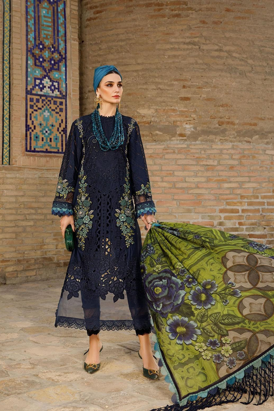3PC DANAK CHIKENKARI EMBROIDERED SHIRT PLAIN TROUSER (DAMAN-PATCH) PRINTED WOOLEN SHAWL D-2010