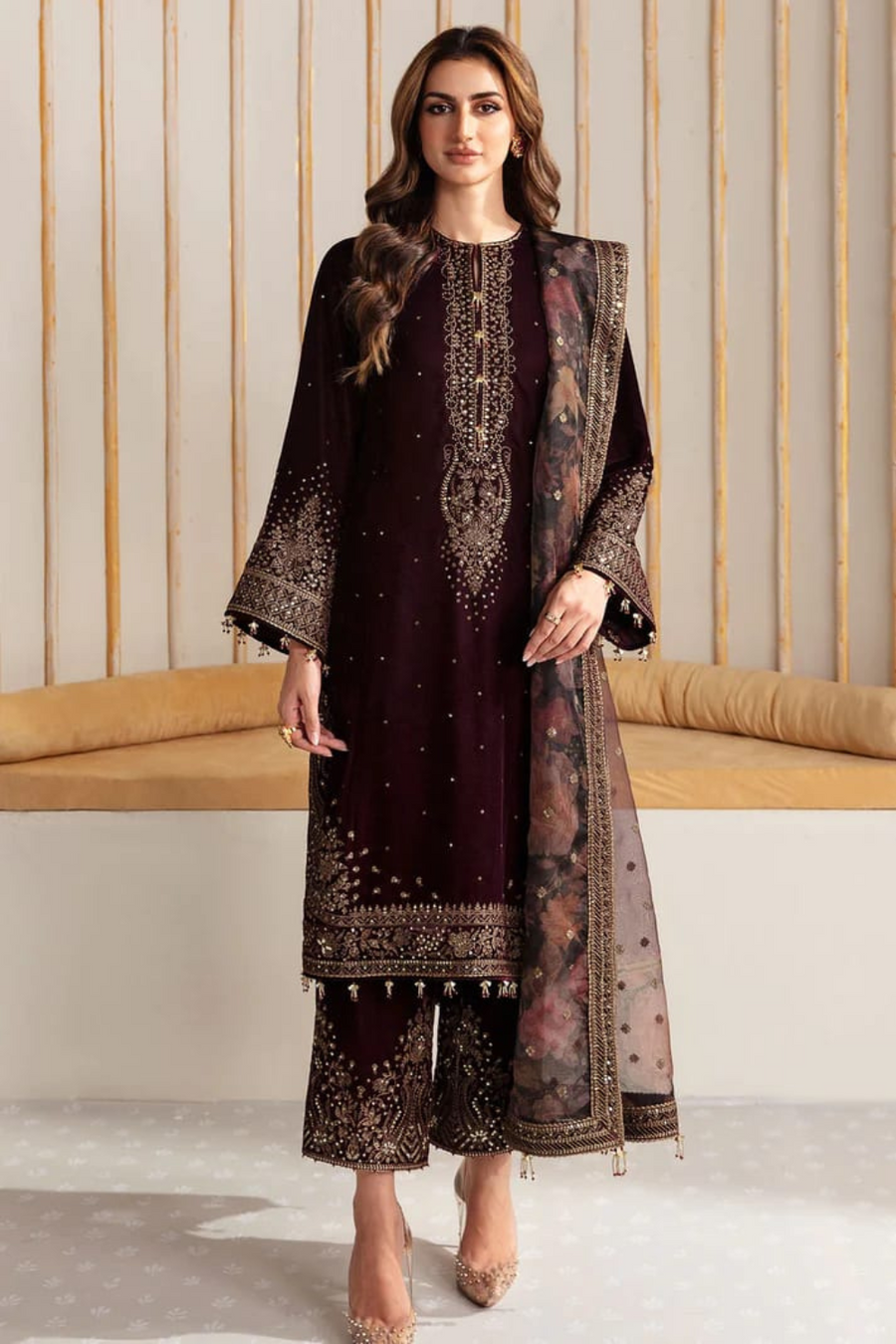 3PC VELVET SHIRT EMBORIDED VELVET TROUSER ORGANZA EMBORIDED DUPATA 737-Al